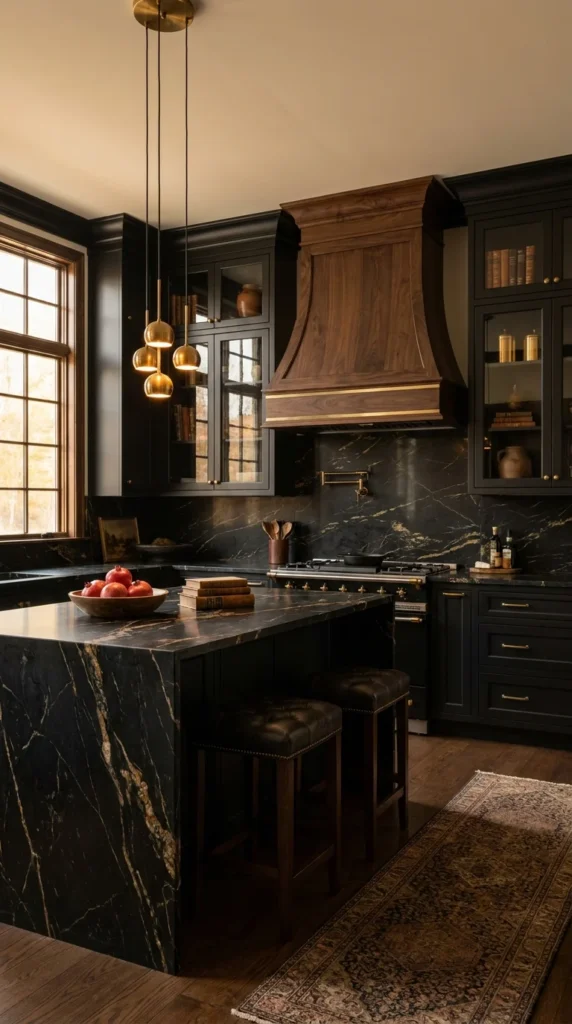 Kitchen with black cabinetry, a walnut wood range hood with brass trim, a black and gold veined marble island, brass pendant lights, and glass-front cabinets displaying books.