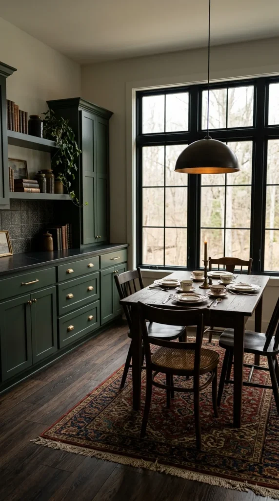 Kitchen with dark green cabinetry, a farmhouse dining table set with vintage china, a black dome pendant light, patterned tile backsplash, and tall black-framed windows overlooking trees.