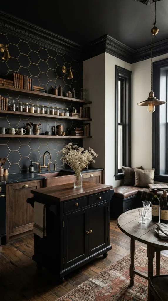 Kitchen with black hexagon tile backsplash featuring brass grout lines, a black ceiling and crown molding, wood open shelving with jars and books, and a leather banquette seating area.