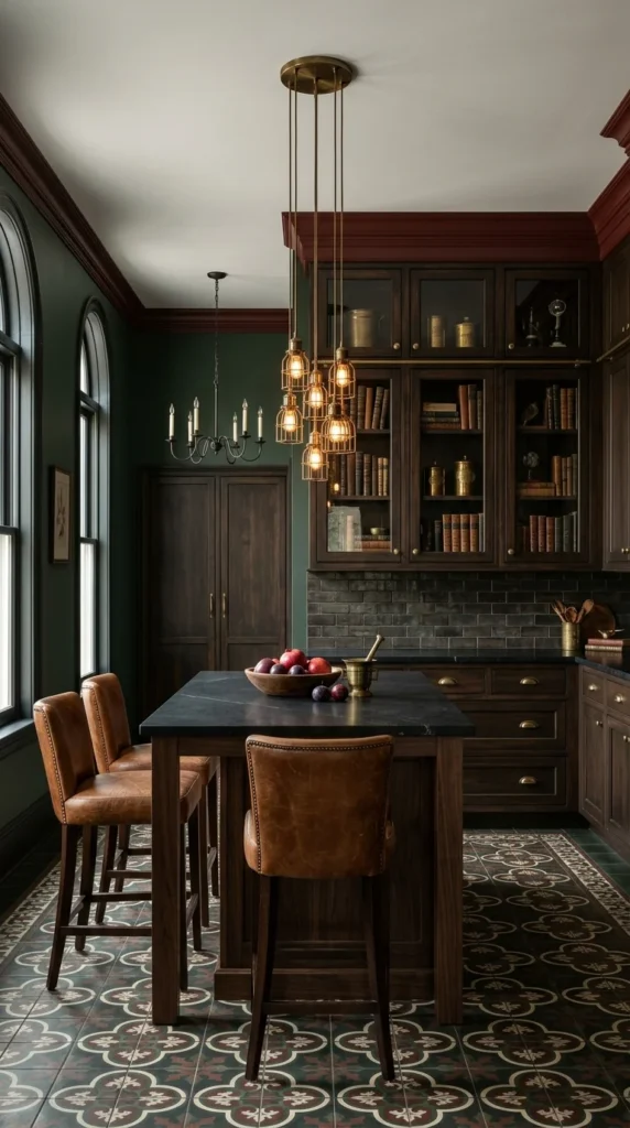 Kitchen with dark green walls, oxblood-red crown molding, arched black-framed windows, glass-front cabinets displaying books, cage pendant lights, and a patterned tile floor.