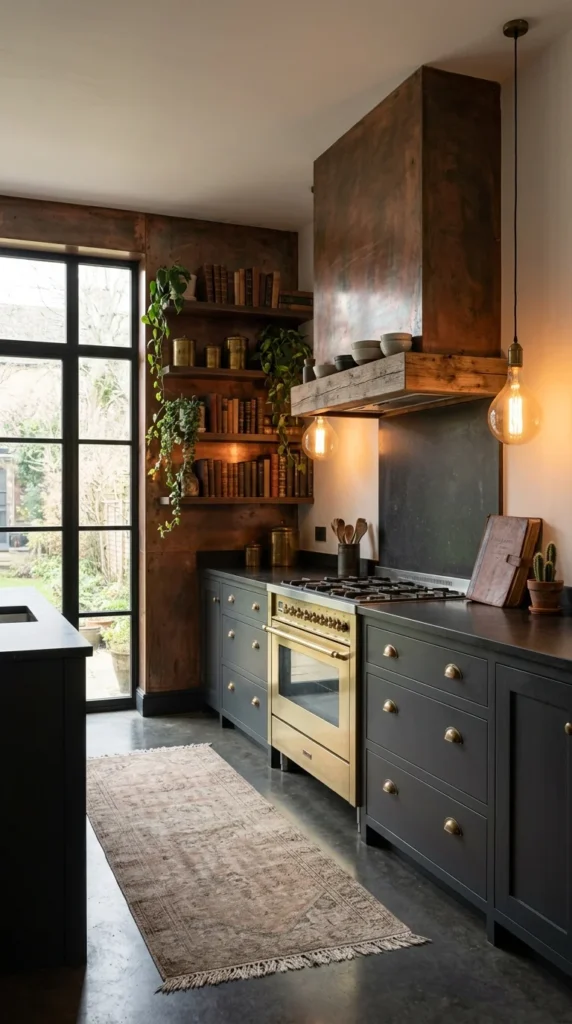  Kitchen with a weathered oxidized copper range hood and wall paneling, charcoal cabinetry, open wood shelving with books and trailing plants, and a glass door leading to a garden.