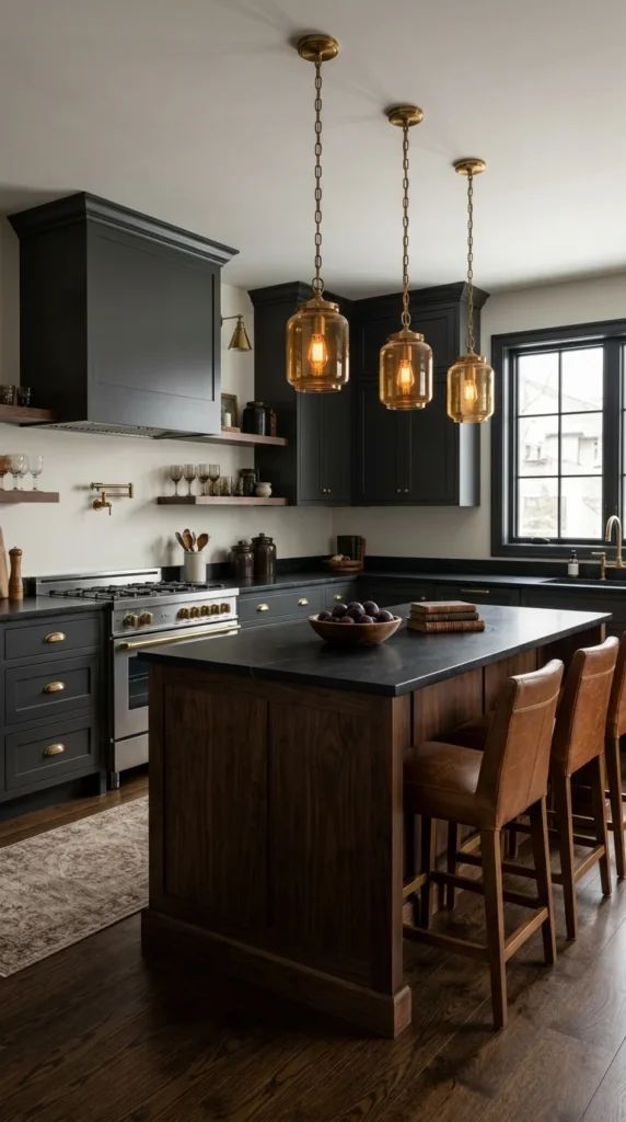 Kitchen with charcoal cabinetry, three hanging amber glass pendant lights, a wood island with a black soapstone top, brown leather stools, and open shelving displaying glassware.