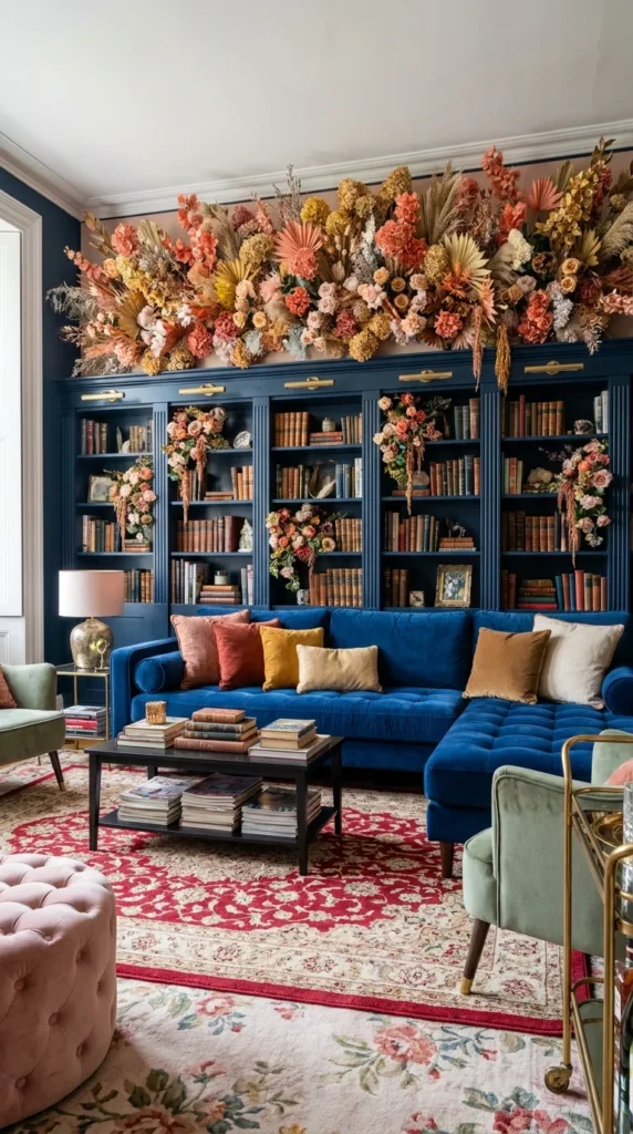 Navy blue built-in bookshelves with an oversized dried floral arrangement, cobalt velvet sectional, and red floral rug in a maximalist living room