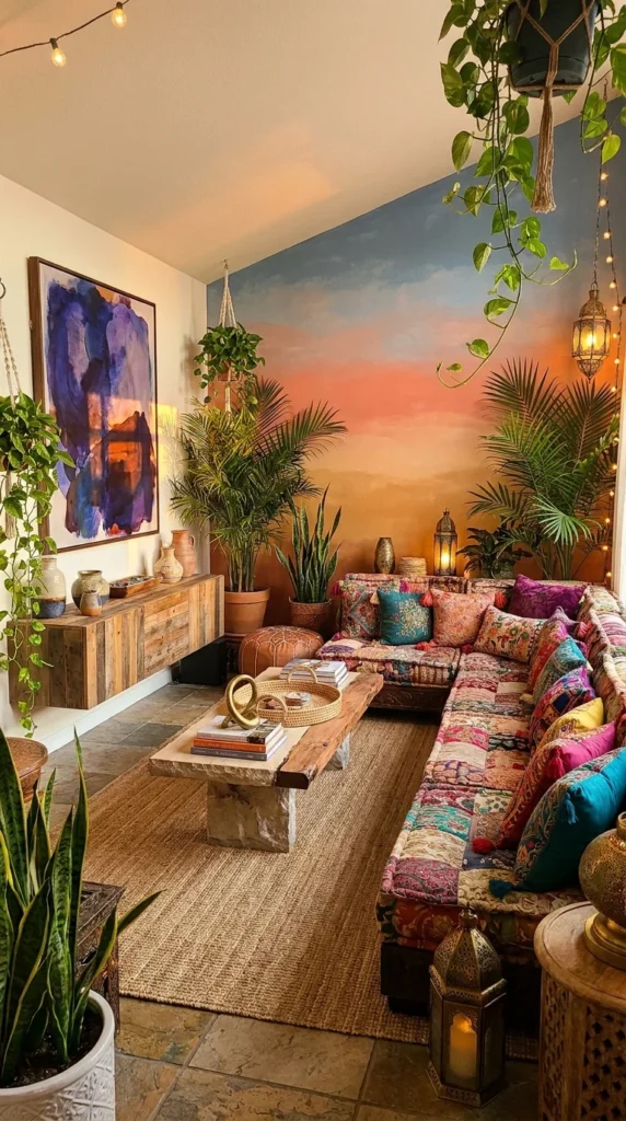 Bohemian living room with a hand-painted sunset mural wall, hanging plants, string lights, and a colorful patchwork sectional