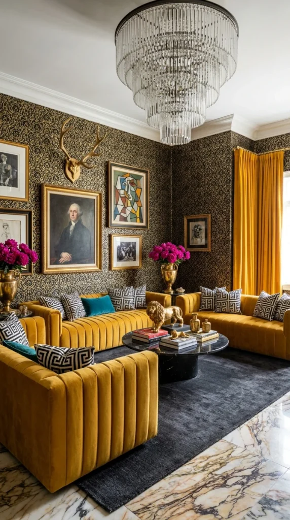 Black and gold leopard-print wallpaper living room with mustard velvet sofas and a tiered crystal chandelier