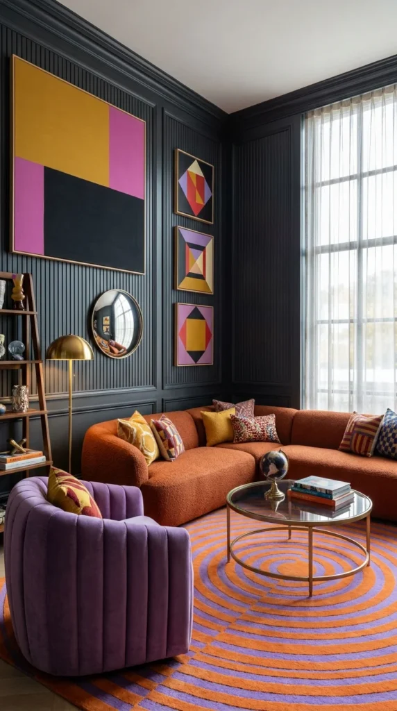 Charcoal paneled living room with pink and yellow geometric art, a rust boucle sectional, and a violet velvet swivel chair