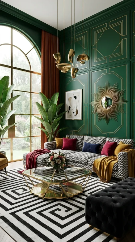 Emerald green living room with gold geometric wall trim, a sunburst mirror, and a sculptural gold pendant light