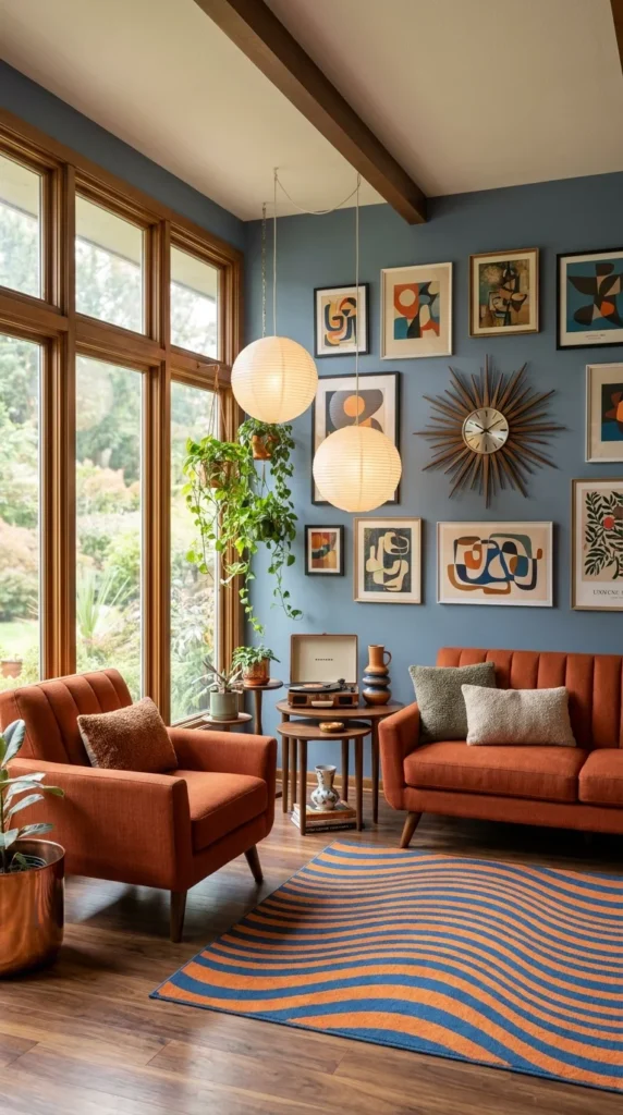 Mid-century modern living room with a dense abstract gallery wall, rust sofa and chair, and paper lantern pendant lights