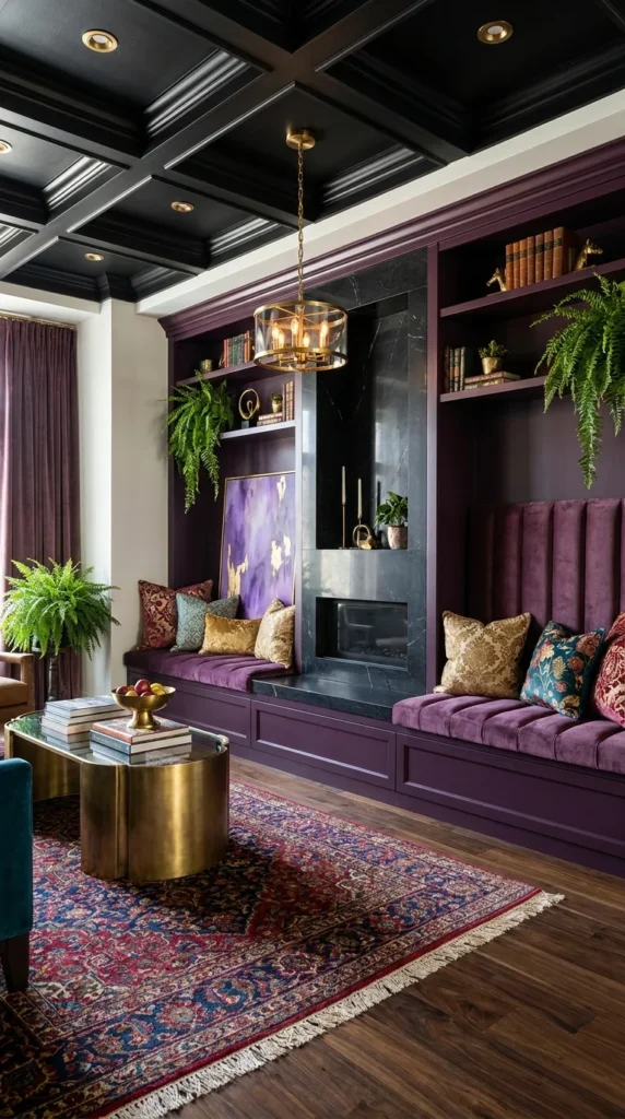 Plum built-in cabinetry with a black coffered ceiling, brass pendant lighting, and a jewel-toned Persian rug