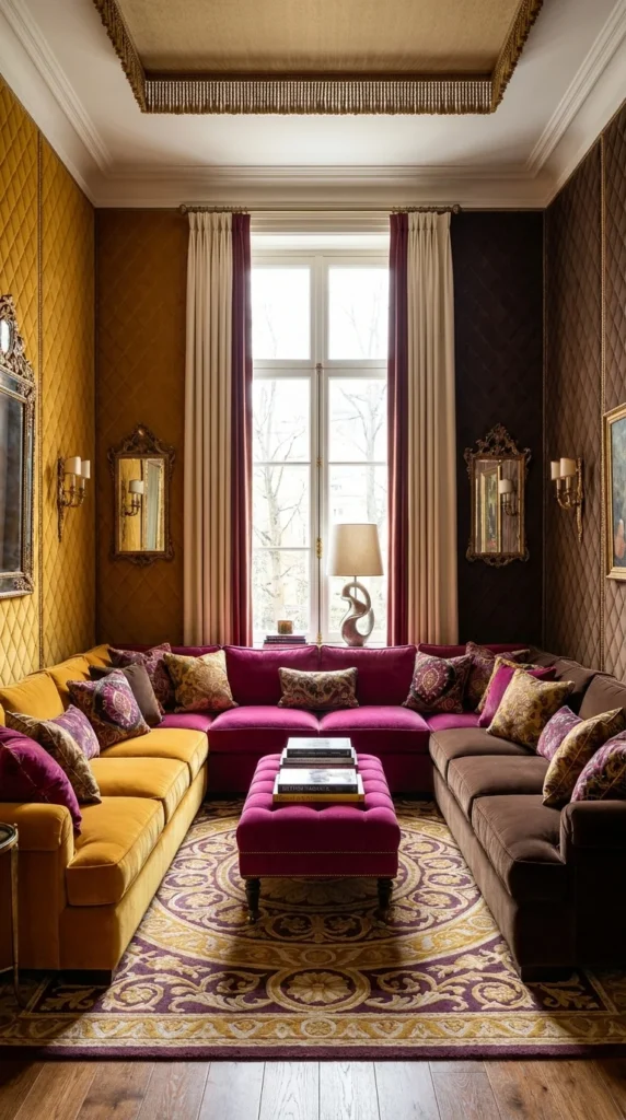 Mustard and brown quilted wall panels with a magenta velvet sectional and ornate gilt mirrors