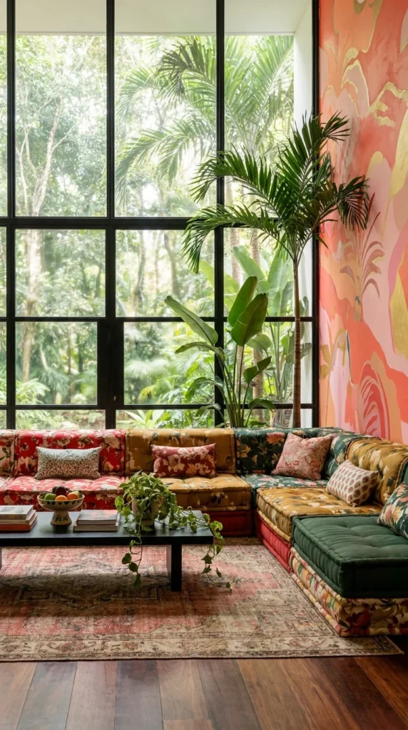 Floor-to-ceiling windows overlooking tropical greenery beside a sectional upholstered in four mixed floral prints