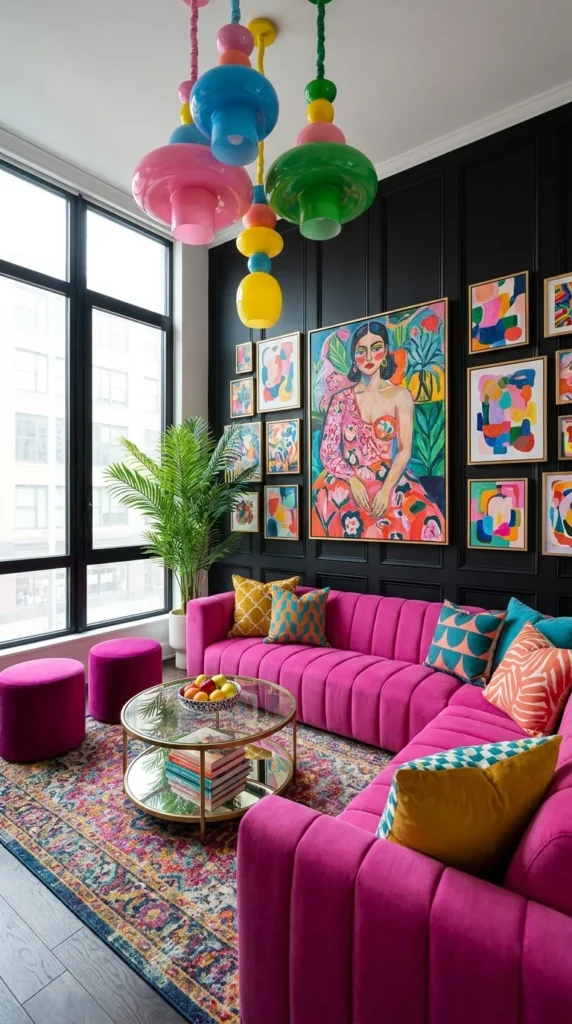 Black paneled living room with colorful glass pendant lights, a magenta velvet sofa, and a vivid gallery wall