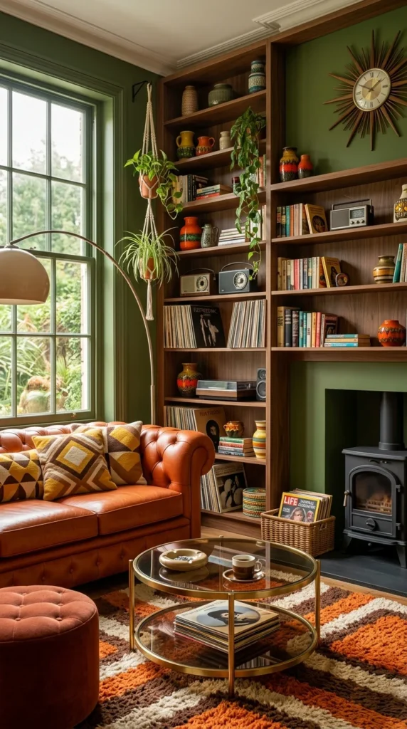 Retro living room with olive green walls, built-in wood shelving filled with vinyl records, a sunburst clock, and a burnt orange leather sofa