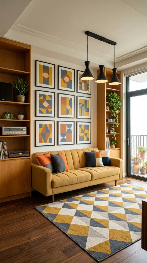 Mid-century style living room with a mustard yellow sofa, geometric gallery wall art, and a triangle-patterned rug