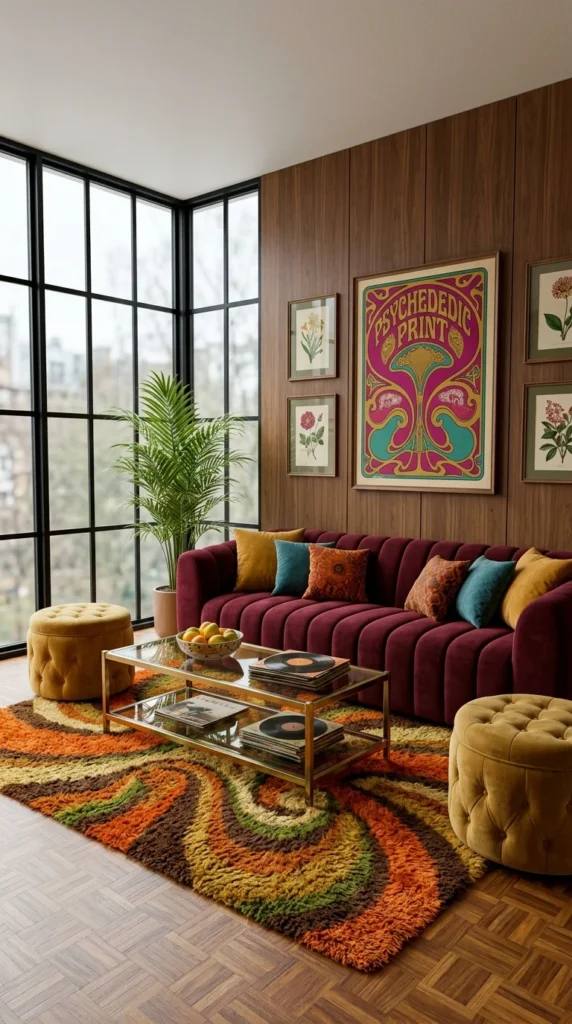 Retro living room with wood paneling, a psychedelic print poster, a burgundy velvet sofa, and a swirled shag rug