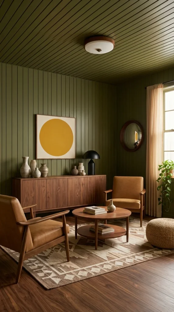 Olive green shiplap living room with wood paneled ceiling, tan leather armchairs, and a bold yellow circle art print