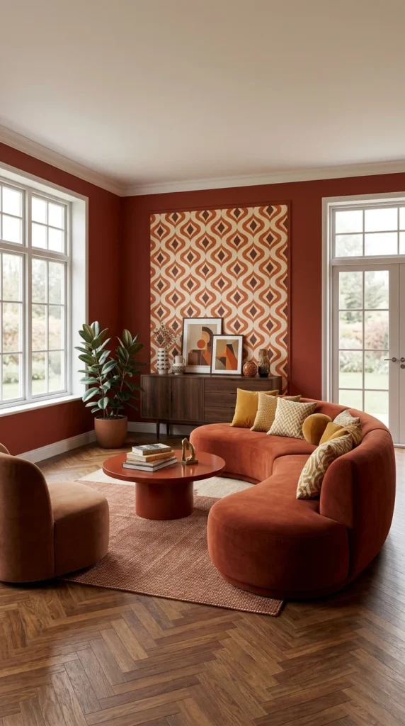 Retro living room with rust red walls, a curved terracotta velvet sofa, and a groovy ogee-pattern accent wall