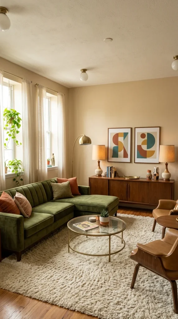 Retro living room with an olive green channel-tufted sofa, warm beige walls, and colorful geometric wall art