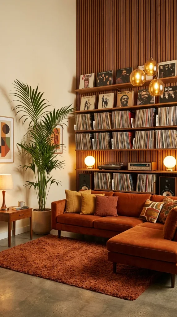 Retro living room with a wood slat wall lined with vinyl records, amber globe pendant lights, and a rust velvet sectional
