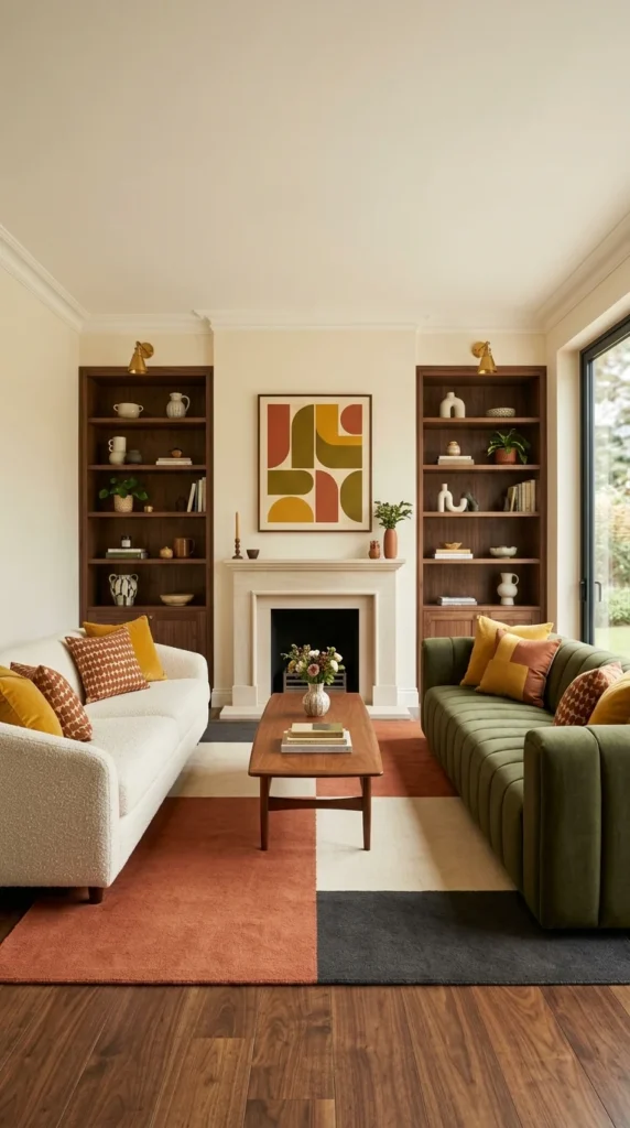 Retro living room with a cream sofa and olive green sofa facing each other, a color-blocked rug, and a fireplace with geometric wall art