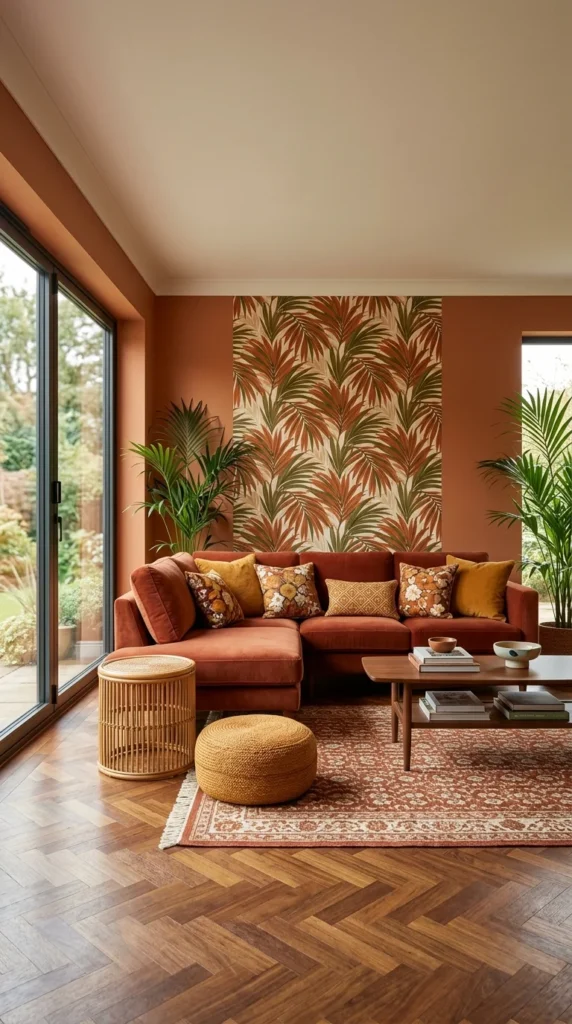 Retro living room with terracotta walls, a tropical leaf print accent wall, a rust velvet sectional, and a rattan pouf
