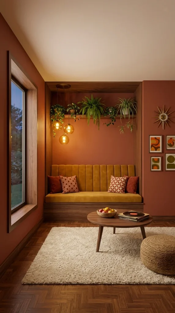 Cozy retro reading nook with a mustard velvet banquette, hanging plants, amber globe pendant lights, and a sunburst clock