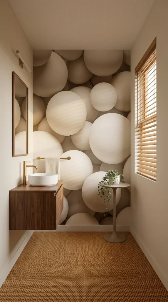 Powder room with a 3D sculptural bubble wallpaper mural, walnut floating vanity, and woven rattan flooring