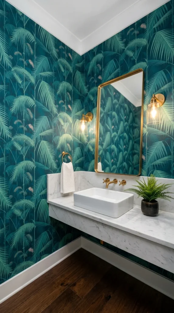 : Dark teal palm leaf wallpaper powder room with a white marble vanity and brass mirror