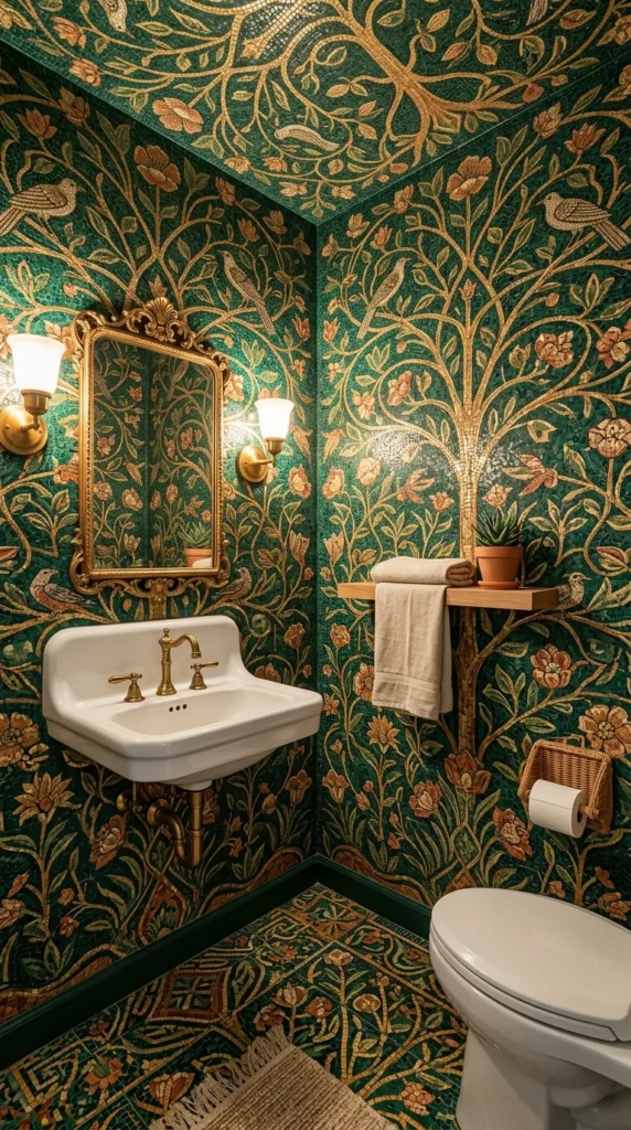 Green and gold tree-of-life mosaic wallpaper covering the walls, ceiling, and floor of a powder room