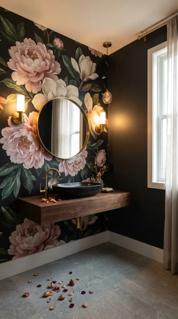 Black wallpaper with oversized pink peonies and magnolias, a round brass mirror, and a dark stone vessel sink