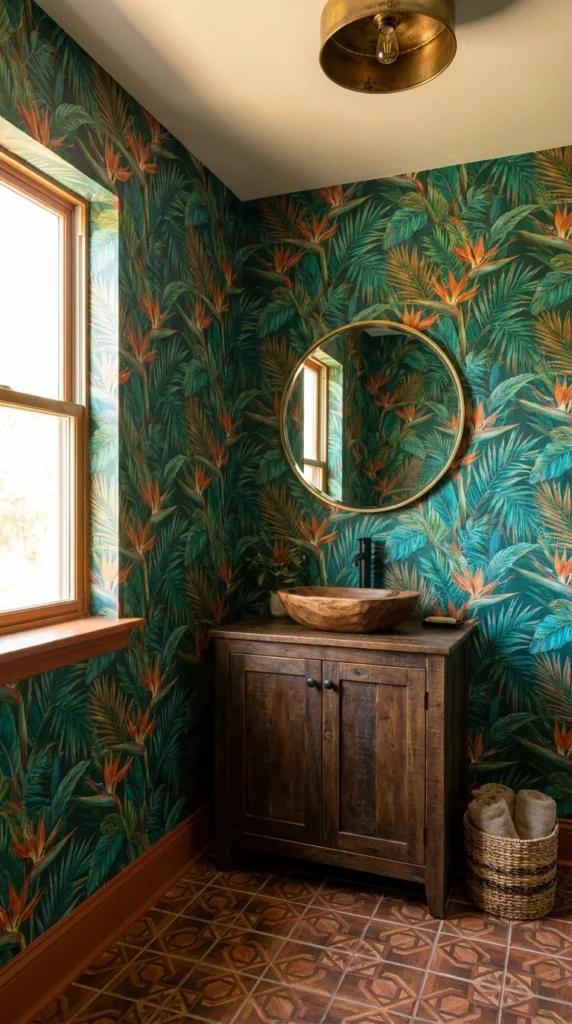 Tropical bird-of-paradise wallpaper powder room with a carved wood vessel sink and hexagonal tile floor