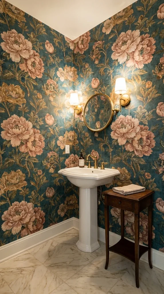 Vintage teal wallpaper with large pink peonies, a brass oval mirror, and a white pedestal sink