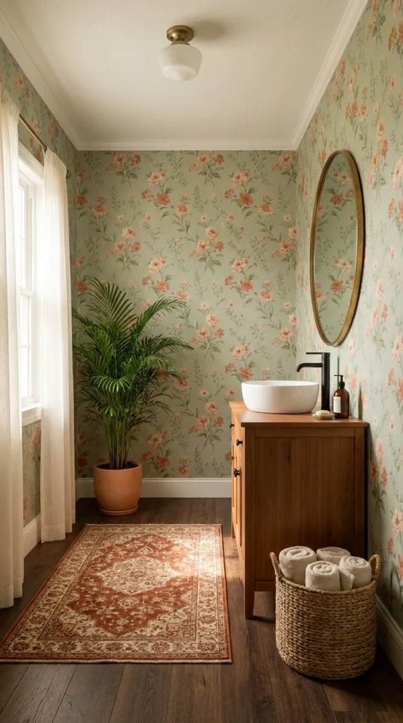 Sage green powder room with small-scale coral floral wallpaper and a wood vanity