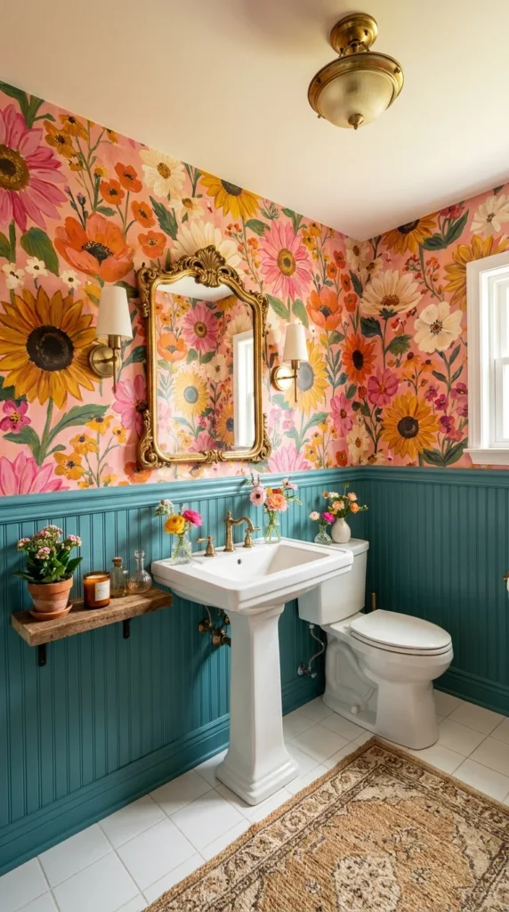 Pink and orange sunflower wallpaper mural paired with teal beadboard wainscoting in a powder room