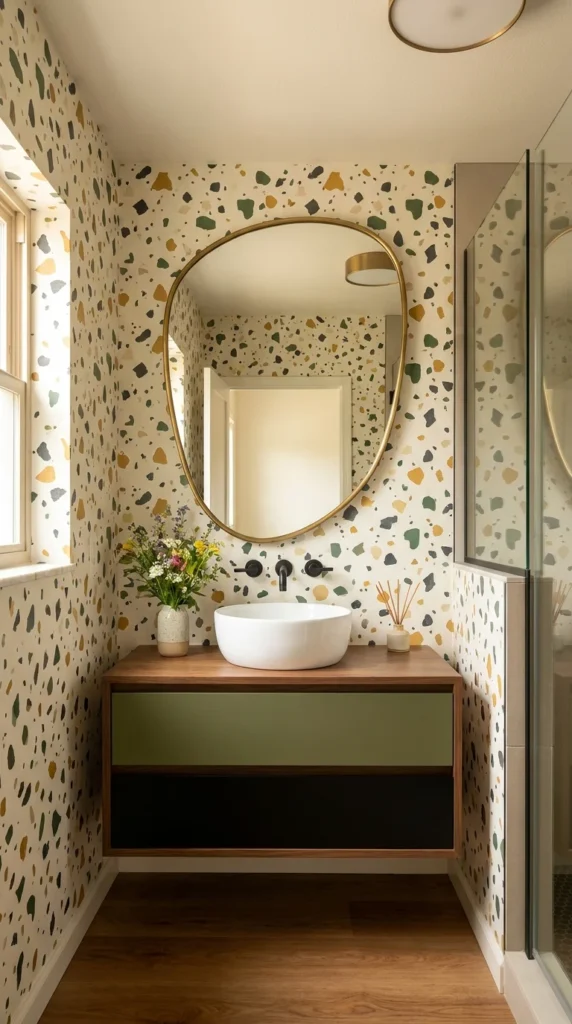 Terrazzo-print wallpaper powder room with an organic-shaped brass mirror and two-tone floating vanity