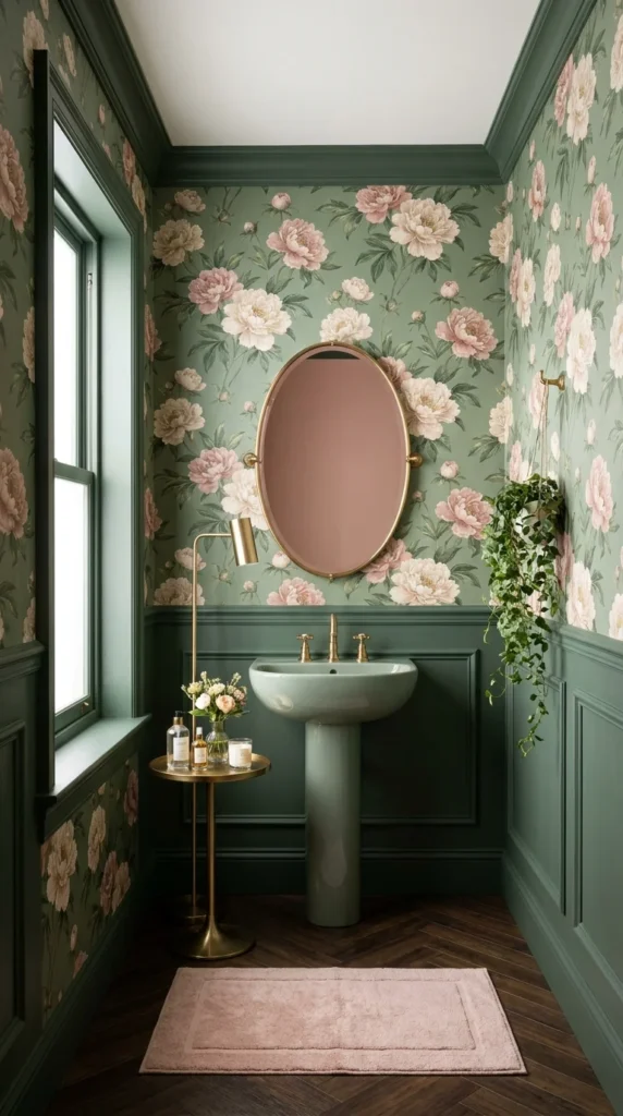 Sage green vintage floral wallpaper powder room with matching green wainscoting and a pedestal sink