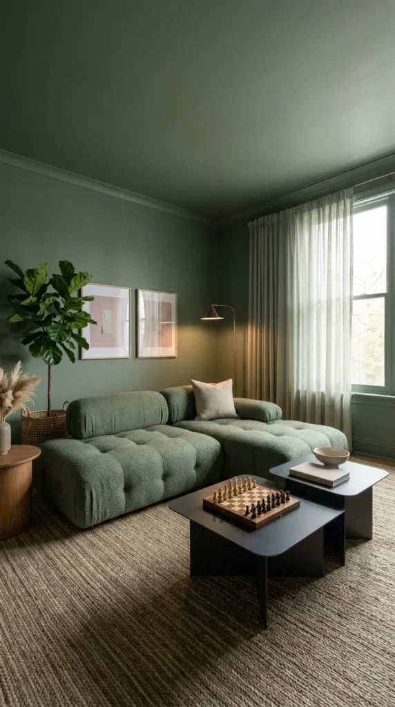 Moody deep sage living room with matching wall and ceiling paint and boucle sectional Caption: Matching the ceiling to the wall removes the seam that usually stops the eye. Title: Color Drenched Sage Living Room