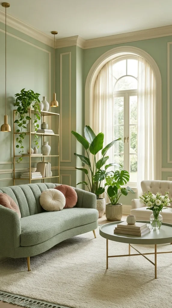 Pale sage green paneled living room with blush pillows and brass pendant lights Caption: Blush and terracotta pillows repeat twice each to balance the cool wall tone. Title: Sage Green Blush Accent Living Room