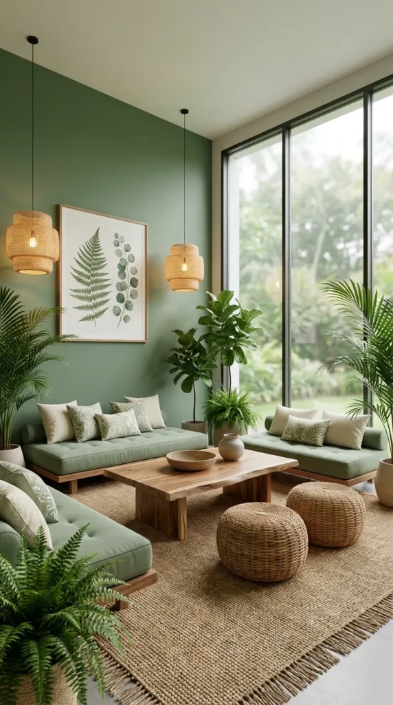 Sage green living room with rattan pendant lights and layered floor-to-ceiling plants Caption: Three plant heights, one rattan material story, and a jute rug tie this corner together. Title: Sage Green Biophilic Living Corner