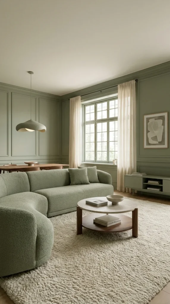 Olive sage living room with boucle sectional and round two-tier wood coffee table Caption: A smooth wood-and-marble table gives the eye a rest between two textured zones. Title: Boucle Sectional Sage Living Room