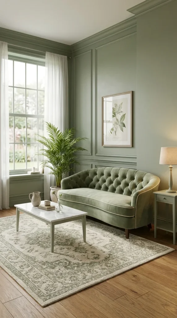 Deep sage green paneled living room with tufted rolled-arm sofa and marble table Caption: The rolled-arm tufting breaks up the wall's flat plane with its own shadow. Title: Tufted Sage Living Room Sofa