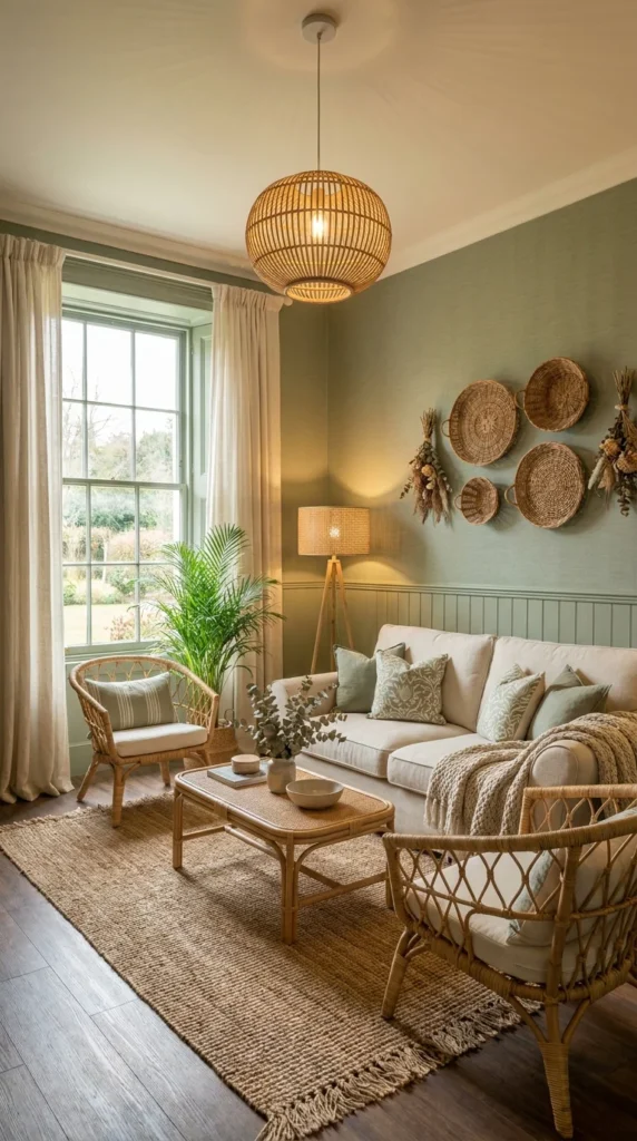 Sage green living room gallery wall with woven baskets and botanical prints
