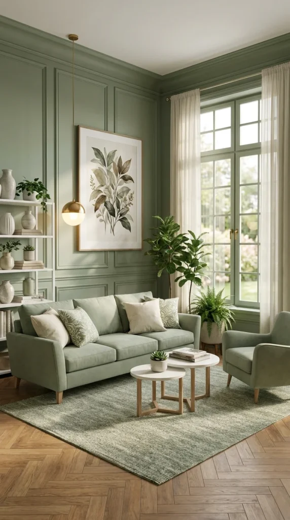 Sage green picture-frame wall paneling behind a cream tufted sofa and botanical prints