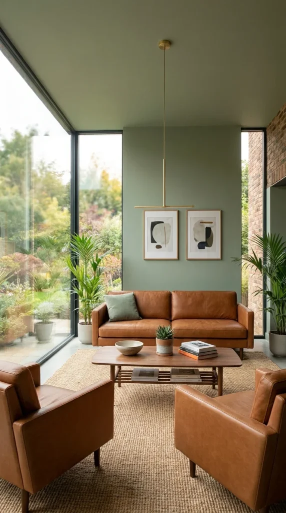 Sage green living room with cognac leather sofa and floor-to-ceiling corner windows