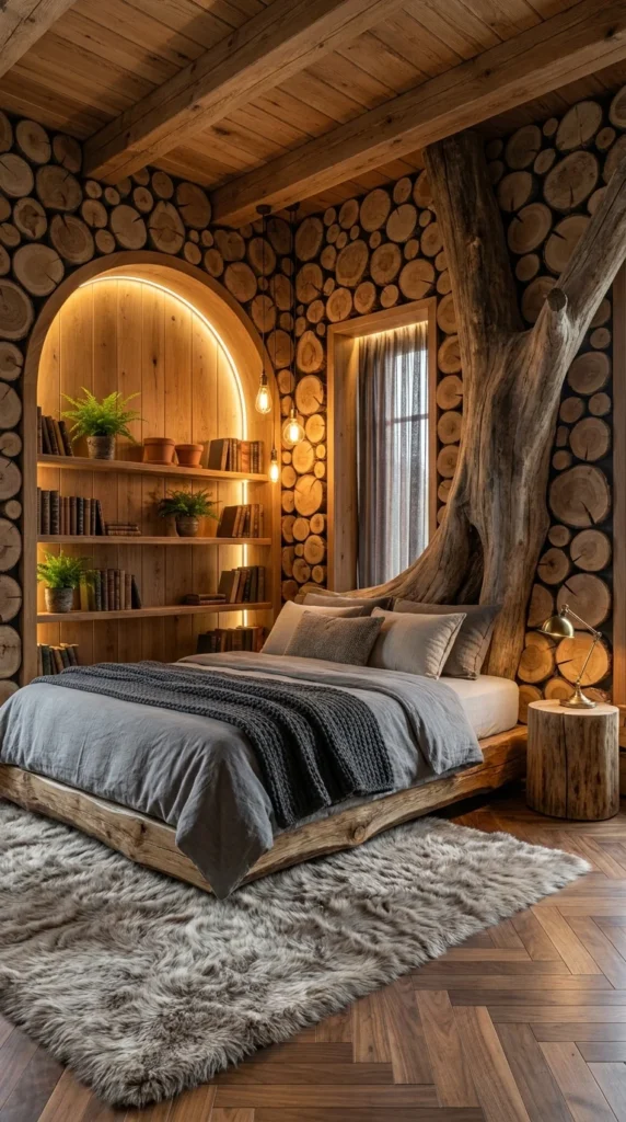 rustic bedroom with stacked log-round walls and a live tree trunk feature