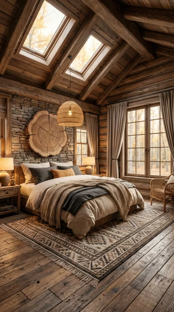  A-frame cabin bedroom with skylights and a large tree-ring wood slab 