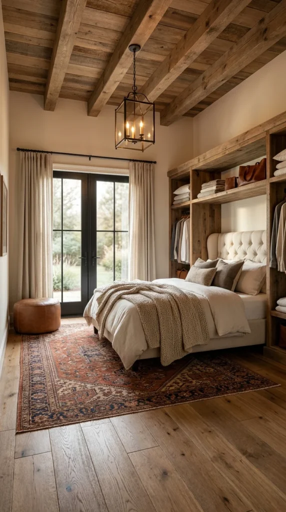  Rustic bedroom combining an open wardrobe with a tufted cream headboard