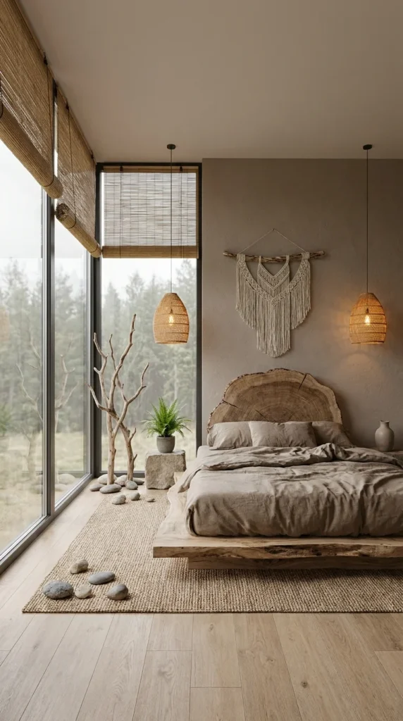 Minimalist rustic bedroom with a glass wall overlooking a foggy forest