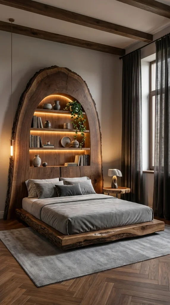 Bedroom with a giant live-edge wood arch headboard holding backlit bookshelves