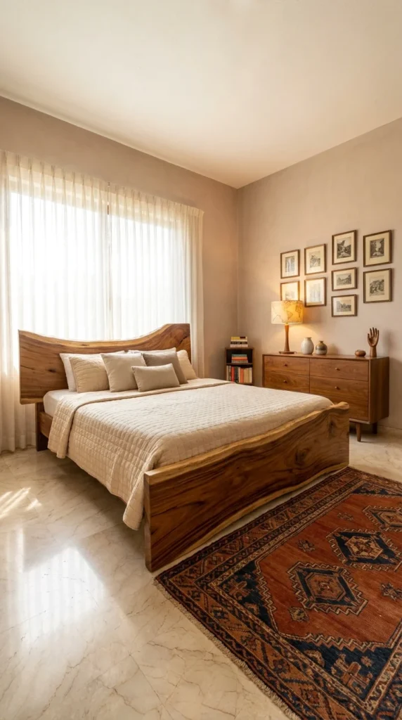 Bedroom with a live-edge wood slab bed frame set against marble flooring 